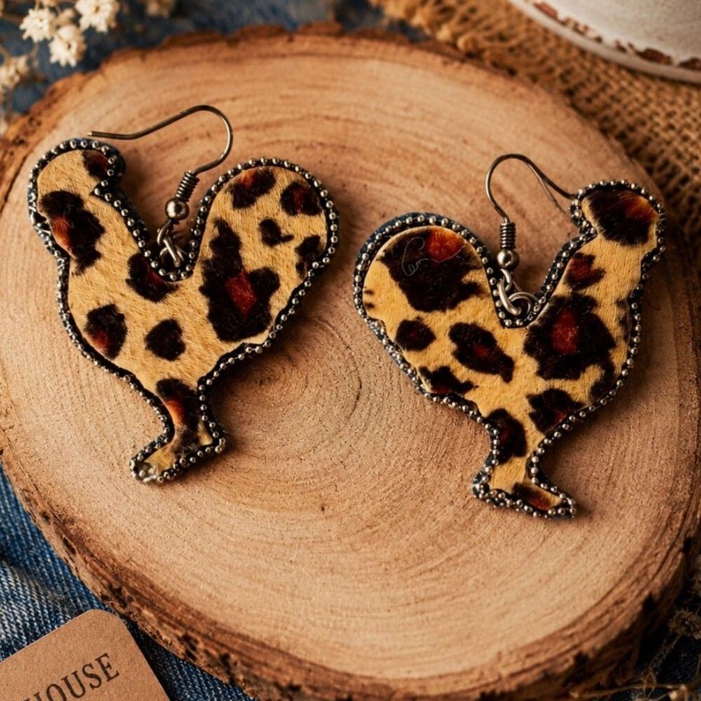 Leopard Print Rooster Chicken Earrings Farmhouse Western Cowgirl Country Dangle